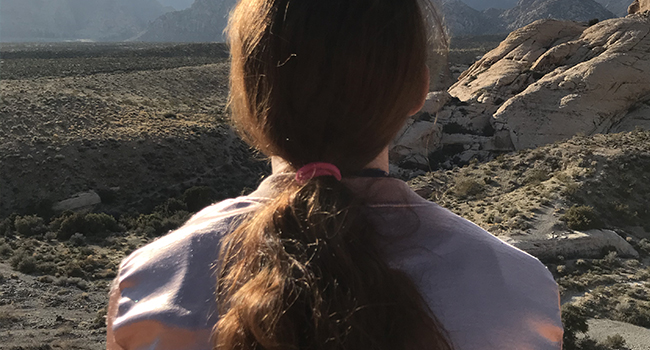 pony tail pink jacket back to camera facing mountains sunshine thin white clouds