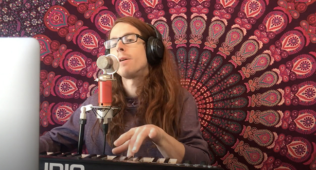 tye die red violet purple mandela tapestry mac book 16inch condenser mic recording keyboard midi controller piano keys headphones playing tracking